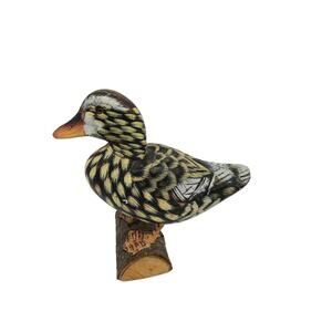 Vintage Hand Painted Hand Carved Wood Mallard Hen Duck Standing on Log Folk
